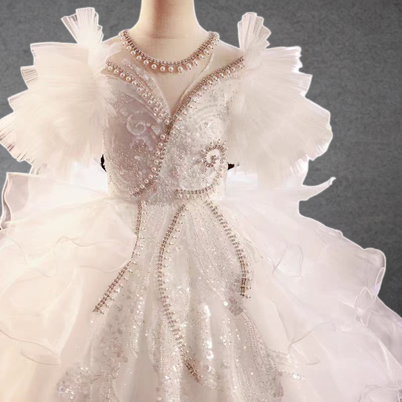 Fairy White Ruffled Tulle Flower Girl Dress with Beaded Appliqué and Layered Skirt for Special Occasion - Plus Size