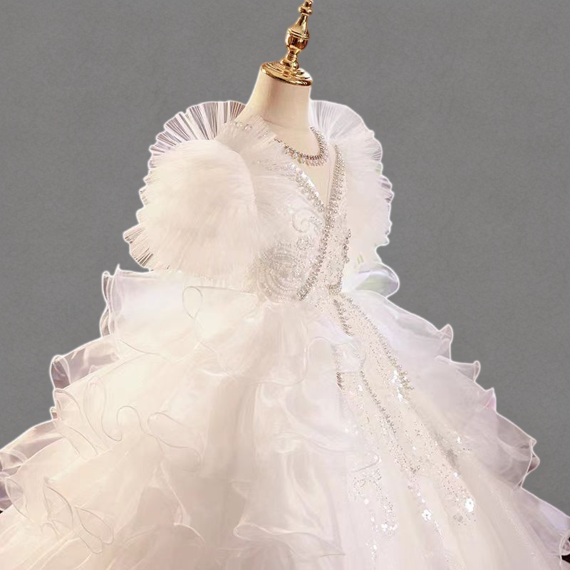 Fairy White Ruffled Tulle Flower Girl Dress with Beaded Appliqué and Layered Skirt for Special Occasion - Plus Size