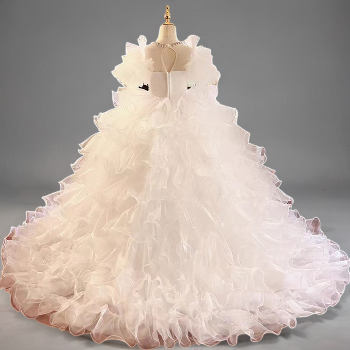 Fairy White Ruffled Tulle Flower Girl Dress with Beaded Appliqué and Layered Skirt for Special Occasion - Plus Size