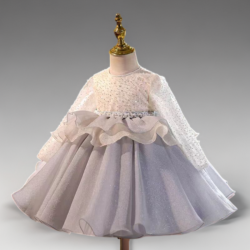 Silver Long Sleeve Flower Girl Dress with Pearl Beading and Ruffle Details for Special Occasion - Plus Size