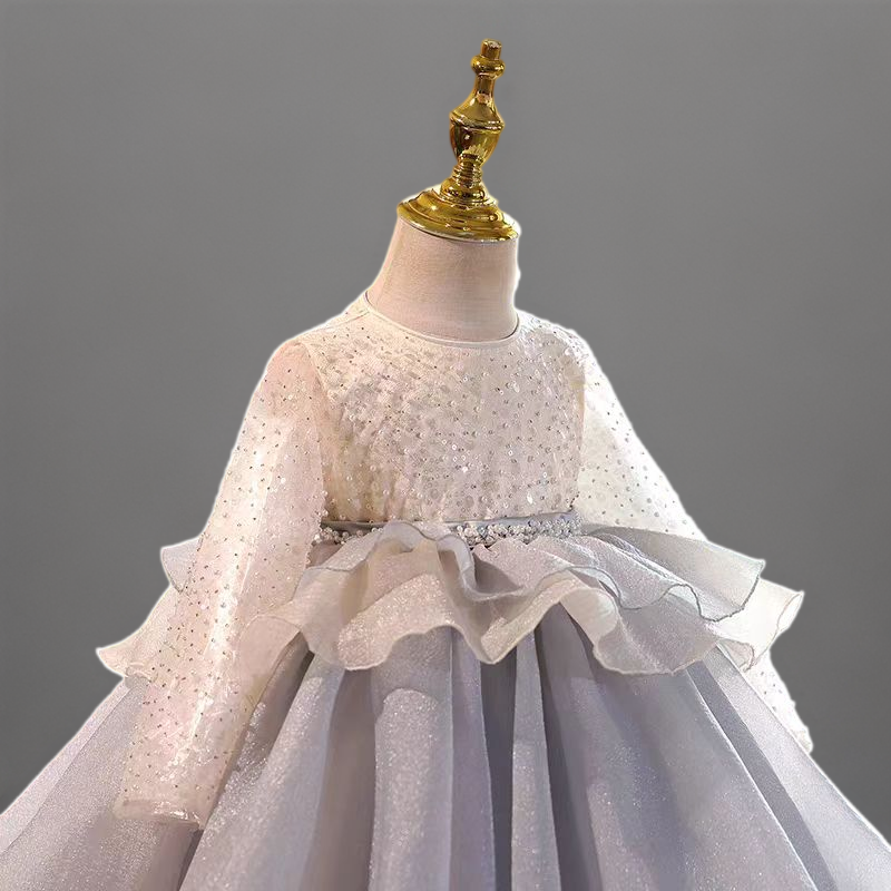 Silver Long Sleeve Flower Girl Dress with Pearl Beading and Ruffle Details for Special Occasion - Plus Size