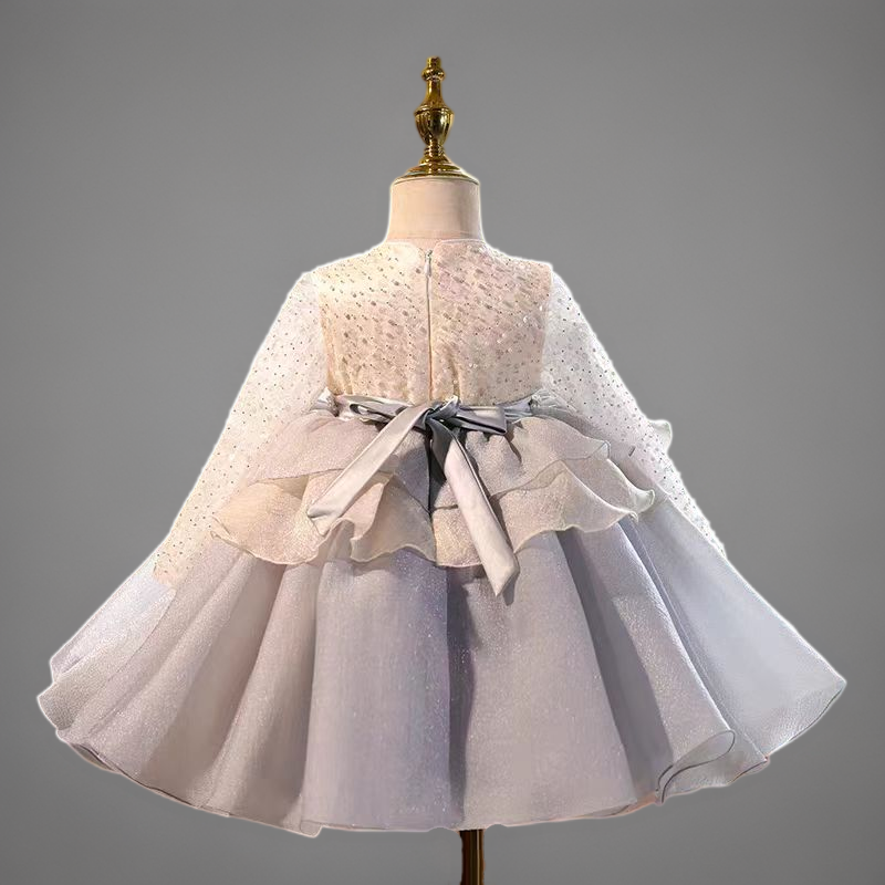 Silver Long Sleeve Flower Girl Dress with Pearl Beading and Ruffle Details for Special Occasion - Plus Size