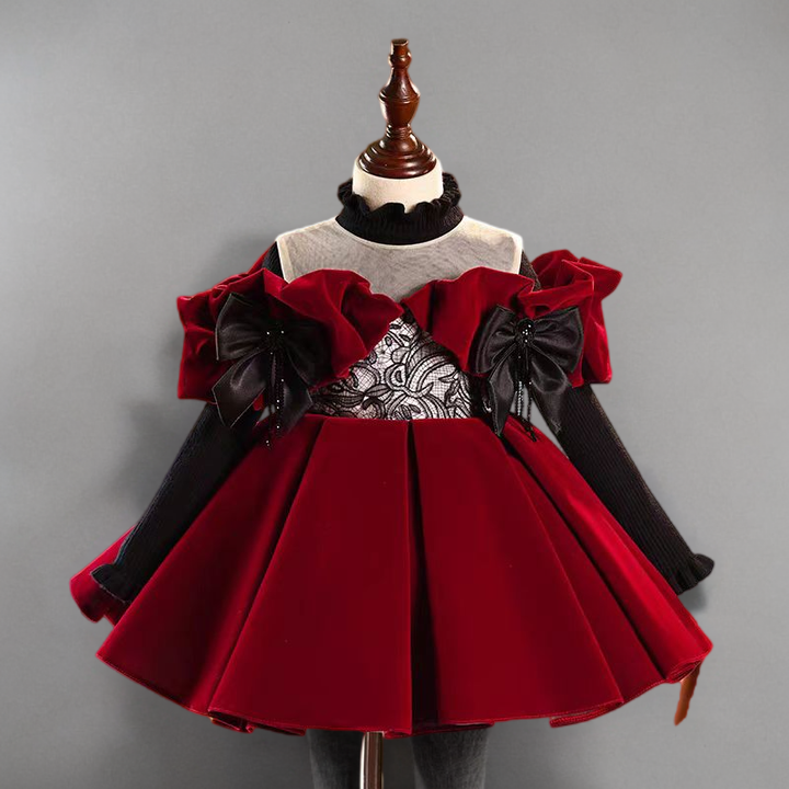 Gothic Red Velvet Long Sleeve Flower Girl Dress with Black Lace and Bow Appliqués for Special Occasion - Plus Size