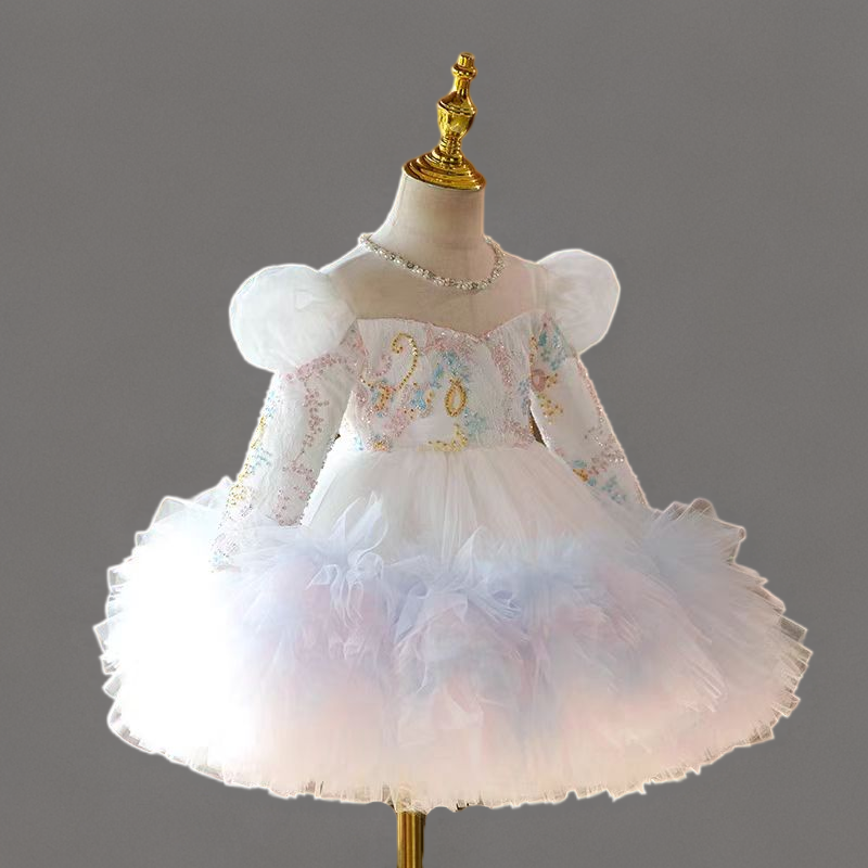 White Long Sleeve Lace Tulle Flower Girl Dress with Floral Embroidery for Special Occasion - Plus Size