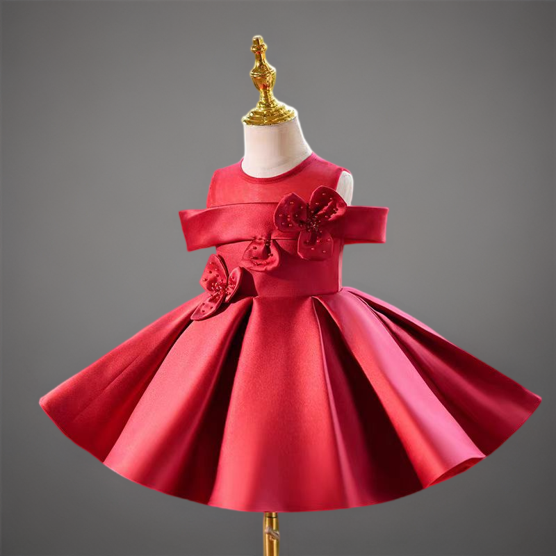 Red Satin Sleeveless Flower Girl Dress with Floral Appliqués for Special Occasion - Plus Size