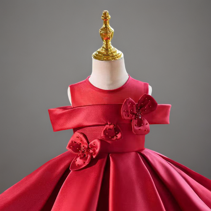 Red Satin Sleeveless Flower Girl Dress with Floral Appliqués for Special Occasion - Plus Size