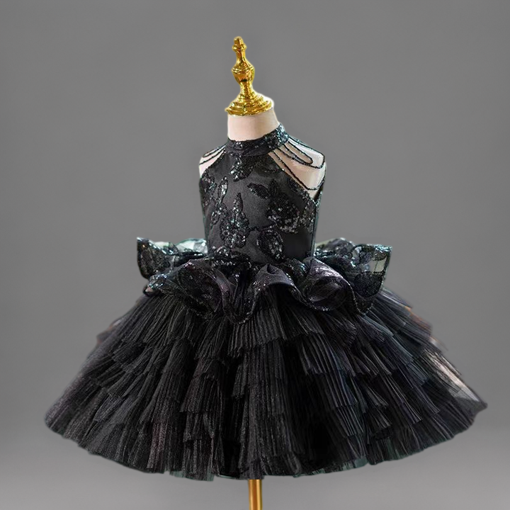 Gothic Black Lace Flower Girl Dress with Tiered Tulle Skirt and Halter Neck - Plus Size