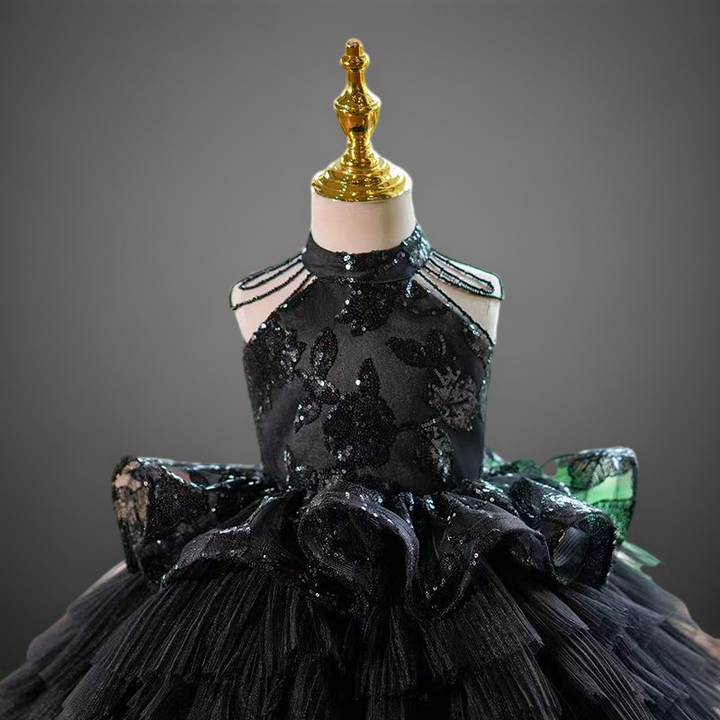 Gothic Black Lace Flower Girl Dress with Tiered Tulle Skirt and Halter Neck - Plus Size