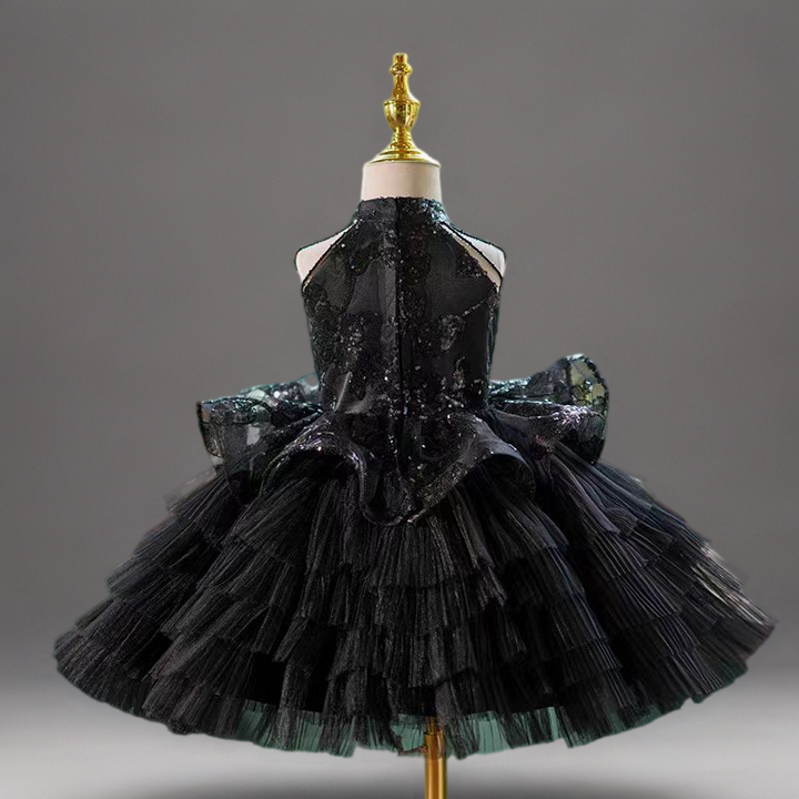 Gothic Black Lace Flower Girl Dress with Tiered Tulle Skirt and Halter Neck - Plus Size