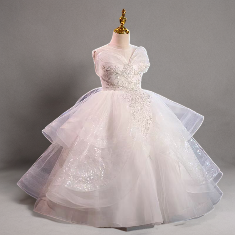 Fairy Ivory Lace Flower Girl Dress with Layered Tulle Skirt and Sweep Train - Plus Size