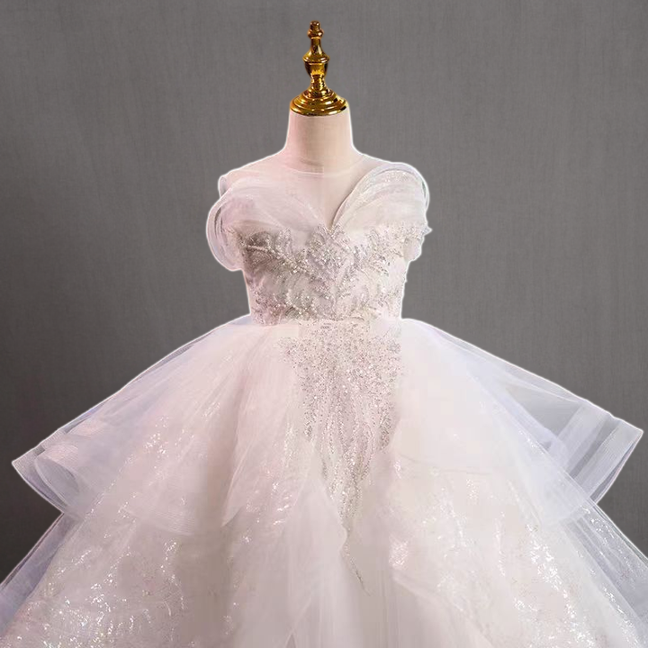 Fairy Ivory Lace Flower Girl Dress with Layered Tulle Skirt and Sweep Train - Plus Size