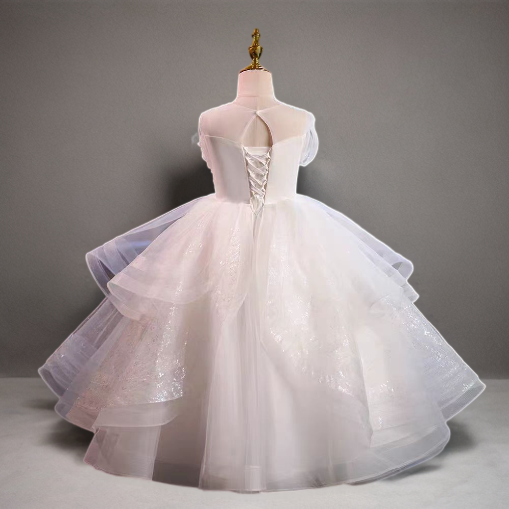 Fairy Ivory Lace Flower Girl Dress with Layered Tulle Skirt and Sweep Train - Plus Size