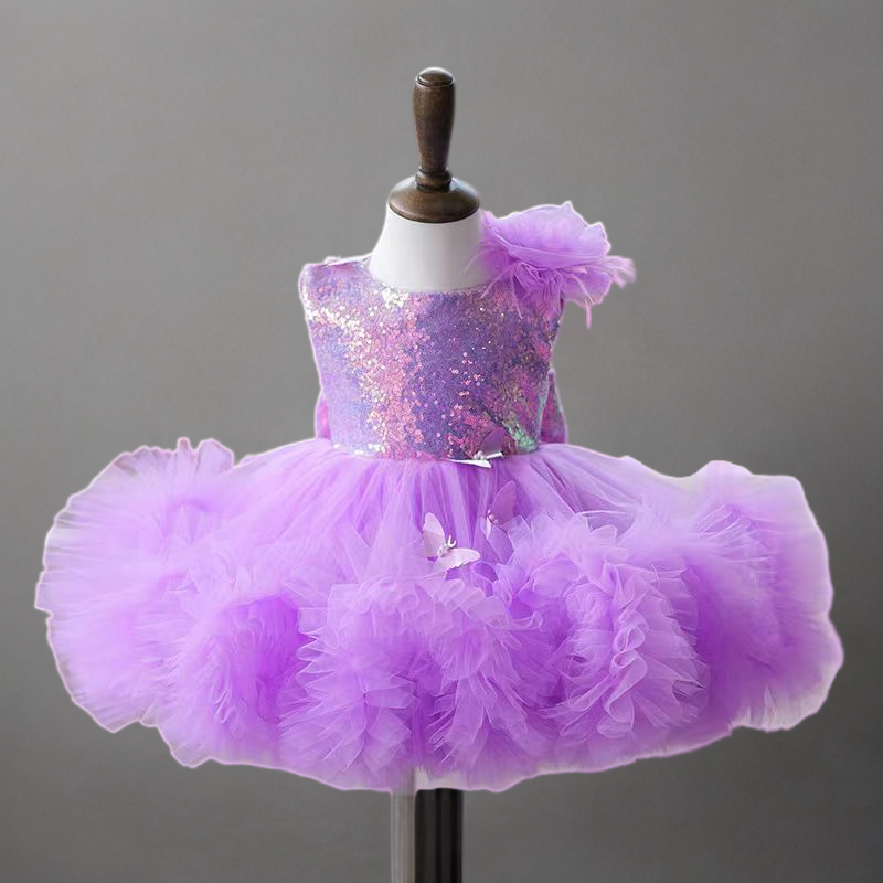 Purple Tulle Flower Girl Dress with Glittered Bodice and Floor-Length Train - Plus Size