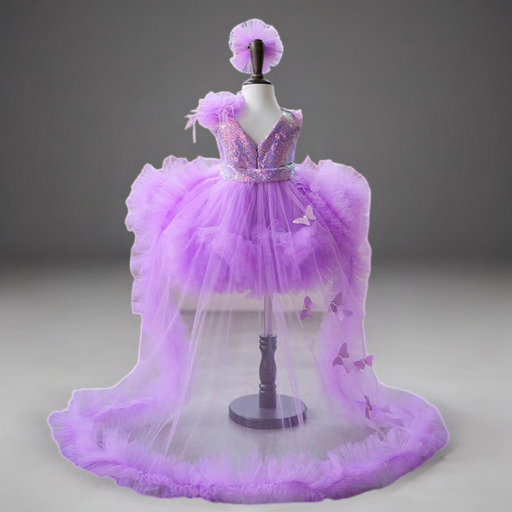 Purple Tulle Flower Girl Dress with Glittered Bodice and Floor-Length Train - Plus Size