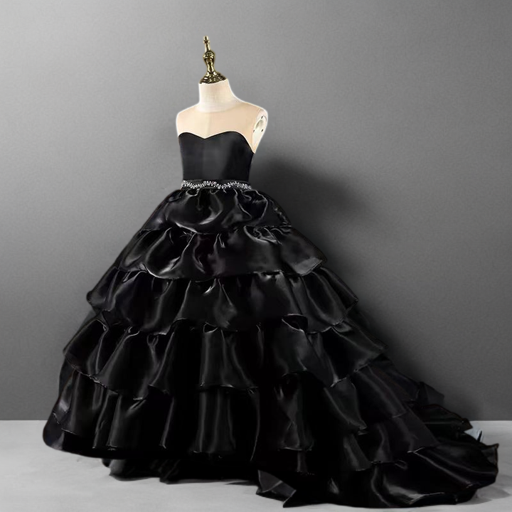 Gothic Black Satin Ruffled Flower Girl Gown with Strapless Design for Special Occasion - Plus Size