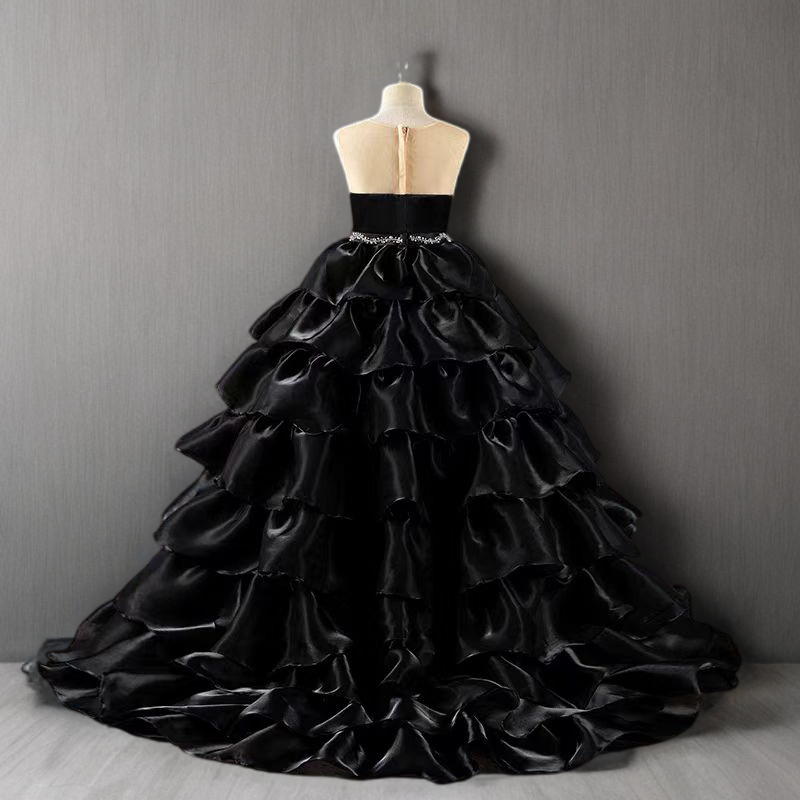 Gothic Black Satin Ruffled Flower Girl Gown with Strapless Design for Special Occasion - Plus Size