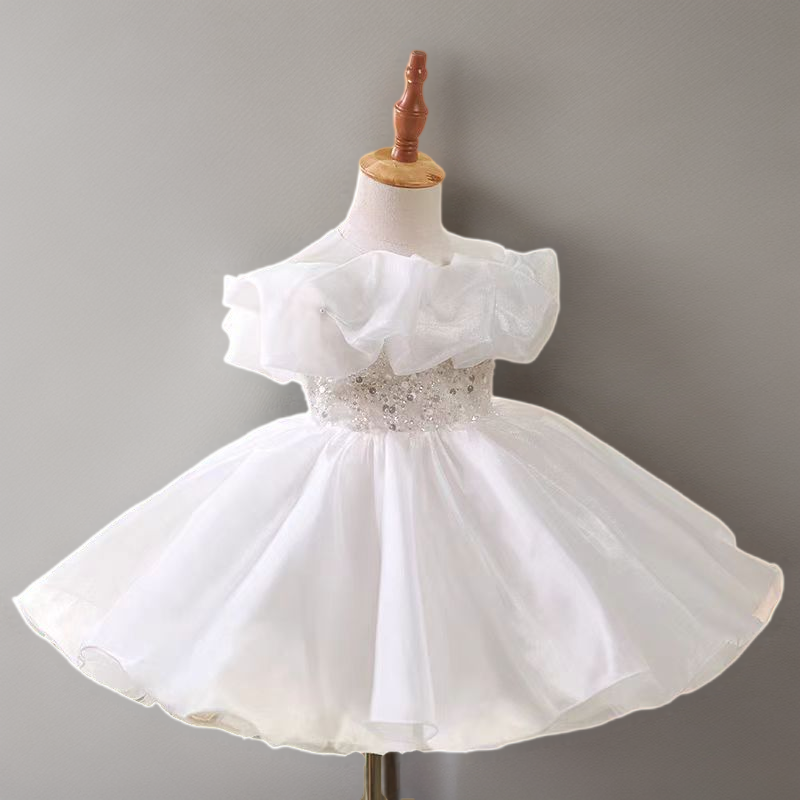 White Tulle Flower Girl Dress with Ruffled Off-Shoulder Design - Plus Size