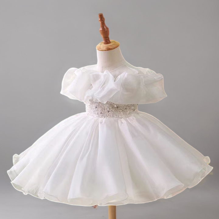 White Tulle Flower Girl Dress with Ruffled Off-Shoulder Design - Plus Size