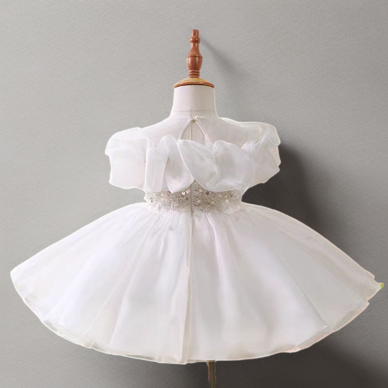 White Tulle Flower Girl Dress with Ruffled Off-Shoulder Design - Plus Size