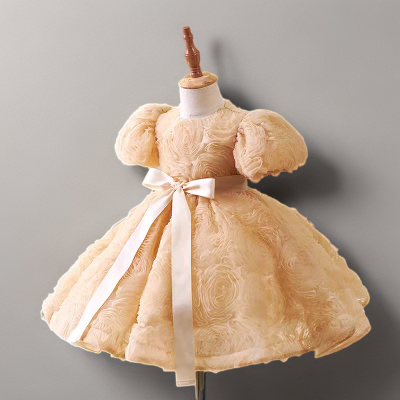 Champagne Rosette Tulle Flower Girl Dress with Puff Sleeves and Satin Bow - Plus Size