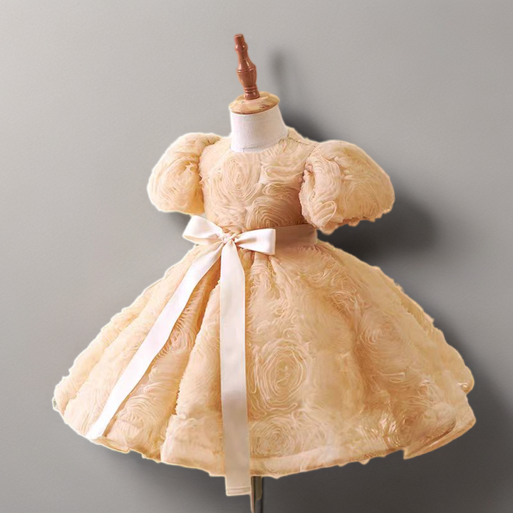 Champagne Rosette Tulle Flower Girl Dress with Puff Sleeves and Satin Bow - Plus Size