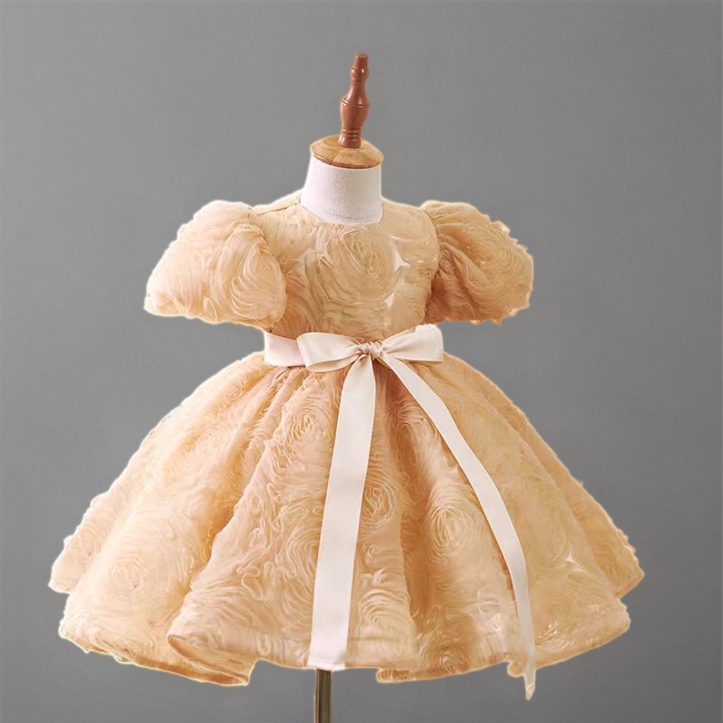 Champagne Rosette Tulle Flower Girl Dress with Puff Sleeves and Satin Bow - Plus Size