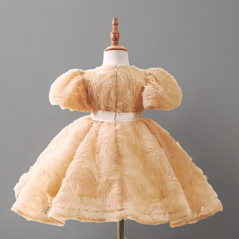 Champagne Rosette Tulle Flower Girl Dress with Puff Sleeves and Satin Bow - Plus Size