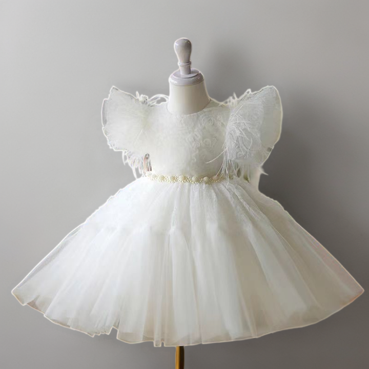 Fairy White Feathered Tulle Flower Girl Dress with Lace Details and Pearl Waistline - Plus Size