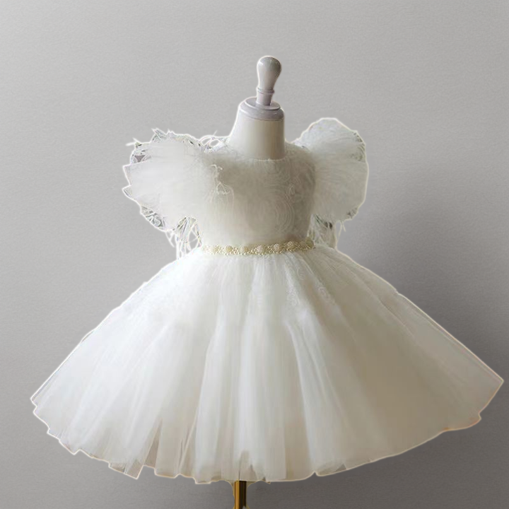 Fairy White Feathered Tulle Flower Girl Dress with Lace Details and Pearl Waistline - Plus Size