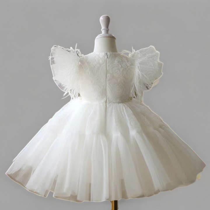 Fairy White Feathered Tulle Flower Girl Dress with Lace Details and Pearl Waistline - Plus Size