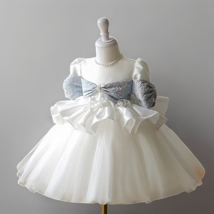 White Flower Girl Dress with Lace Bow and Puff Sleeves - Plus Size