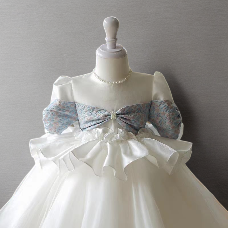 White Flower Girl Dress with Lace Bow and Puff Sleeves - Plus Size