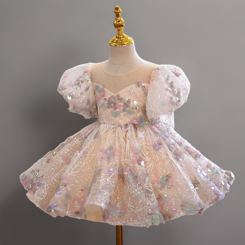 Blush Pink Sequin Tulle Flower Girl Dress for Wedding Puff Sleeve Plus Size Blush Pink Sequin Tulle Flower Girl Dress for Wedding Puff Sleeve Plus Size