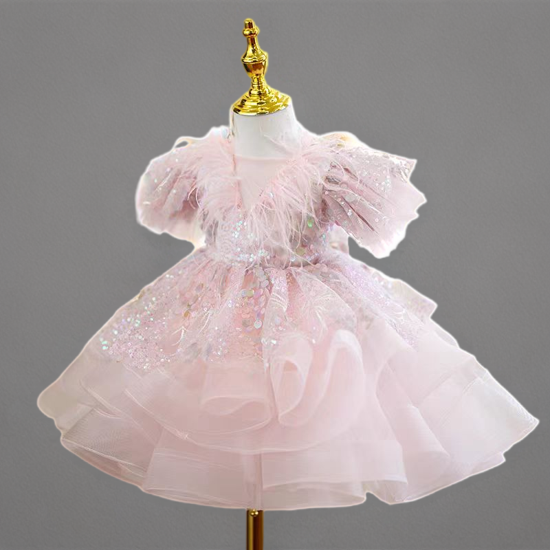 Blush Pink Feather Tulle Flower Girl Dress for Wedding – Puff Sleeve Plus Size