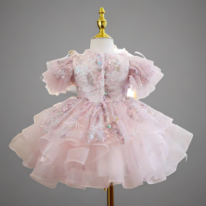 Blush Pink Feather Tulle Flower Girl Dress for Wedding – Puff Sleeve Plus Size