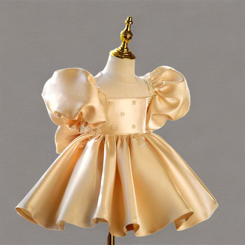 Gold Satin Flower Girl Dress for Wedding – Puff Sleeve Plus Size