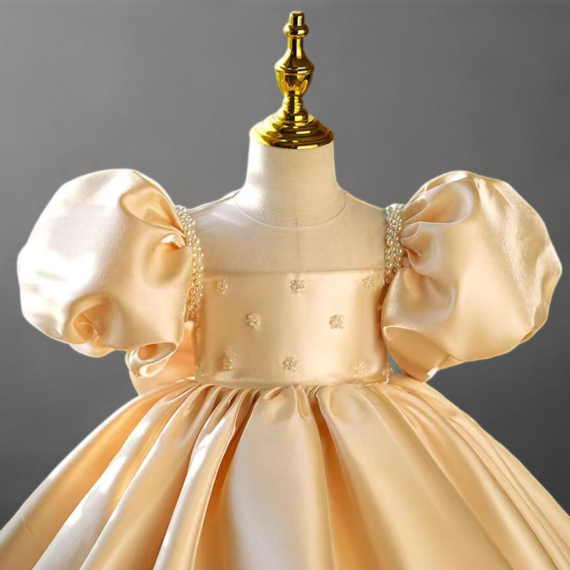 Gold Satin Flower Girl Dress for Wedding – Puff Sleeve Plus Size