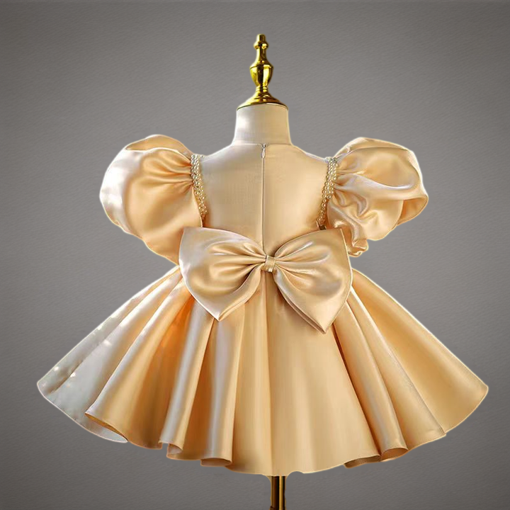 Gold Satin Flower Girl Dress for Wedding – Puff Sleeve Plus Size