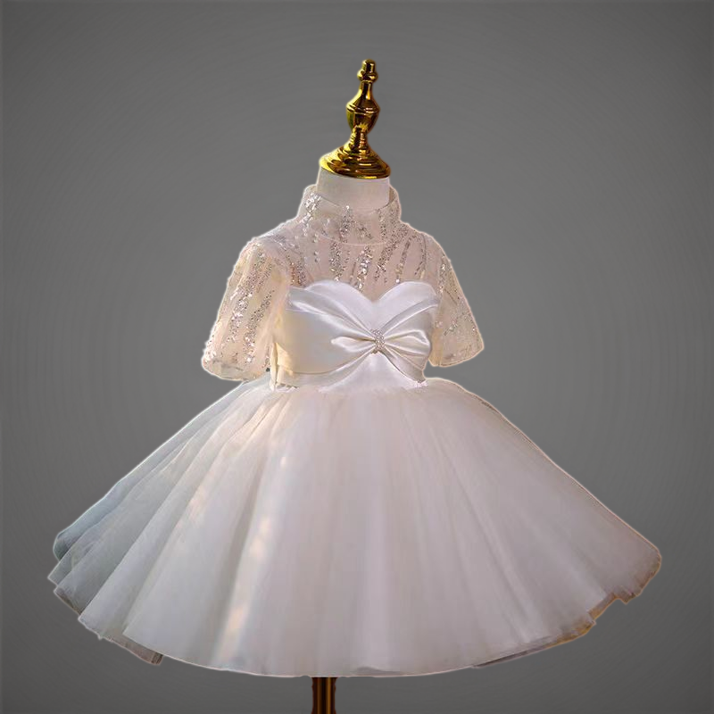 White Sequin Tulle Flower Girl Dress for Wedding – Short Sleeve Plus Size