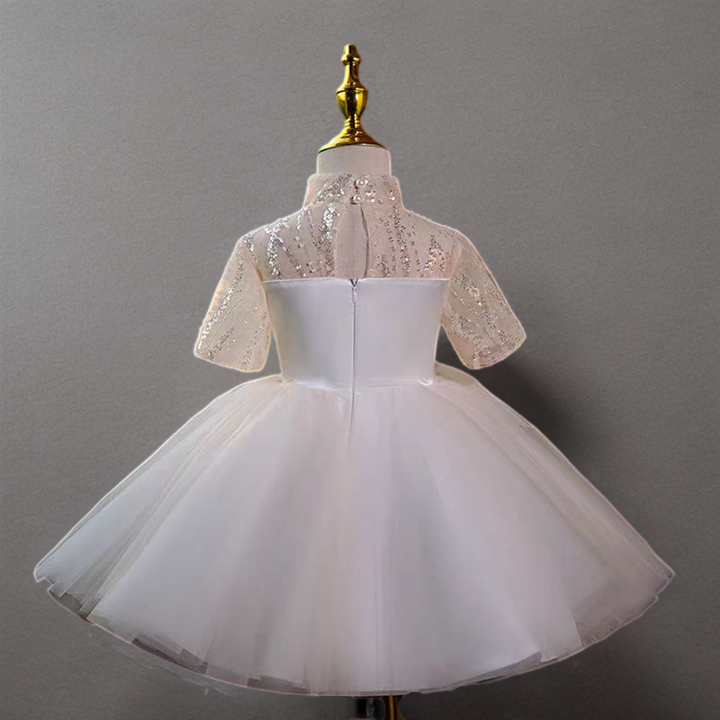 White Sequin Tulle Flower Girl Dress for Wedding – Short Sleeve Plus Size