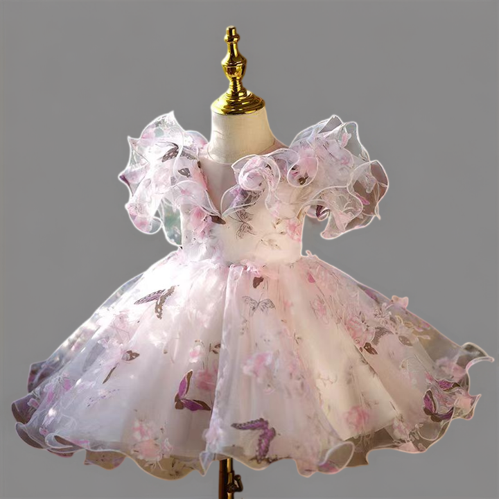 Butterfly Print Pink Flower Girl Dress for Wedding – Long Sleeve Tulle Plus Size