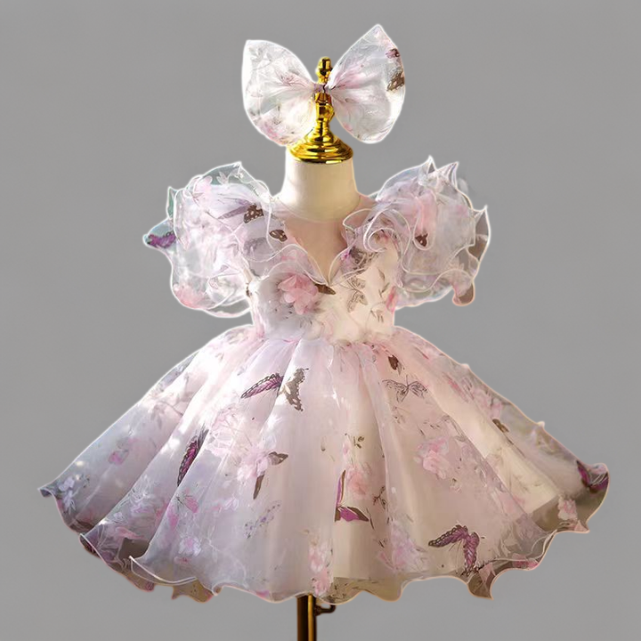 Butterfly Print Pink Flower Girl Dress for Wedding – Long Sleeve Tulle Plus Size