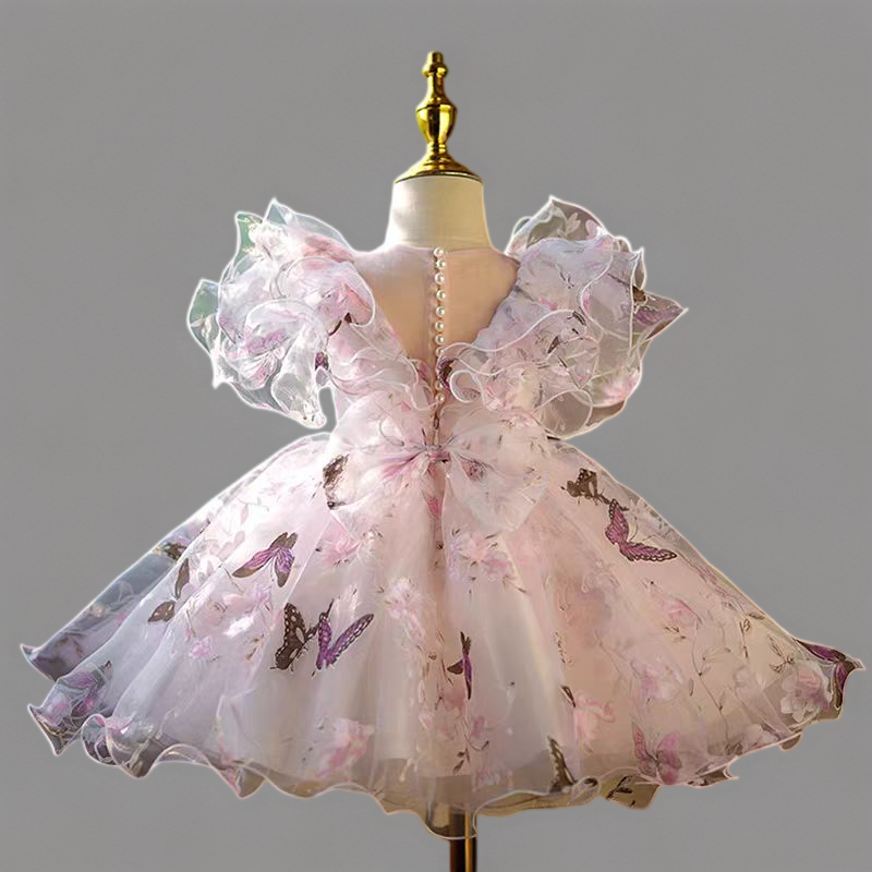 Butterfly Print Pink Flower Girl Dress for Wedding – Long Sleeve Tulle Plus Size