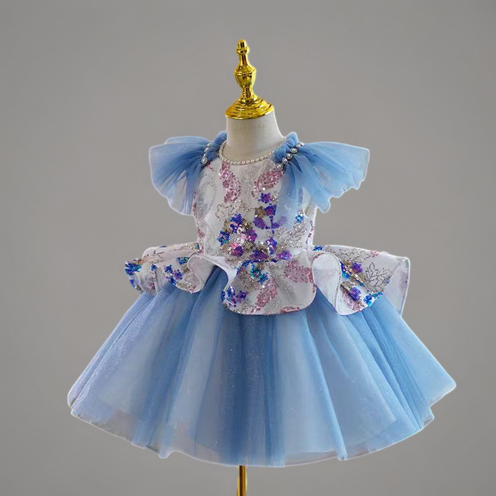 Blue Tulle Flower Girl Dress with Sequin Floral Details for Wedding – Puff Sleeve Plus Size