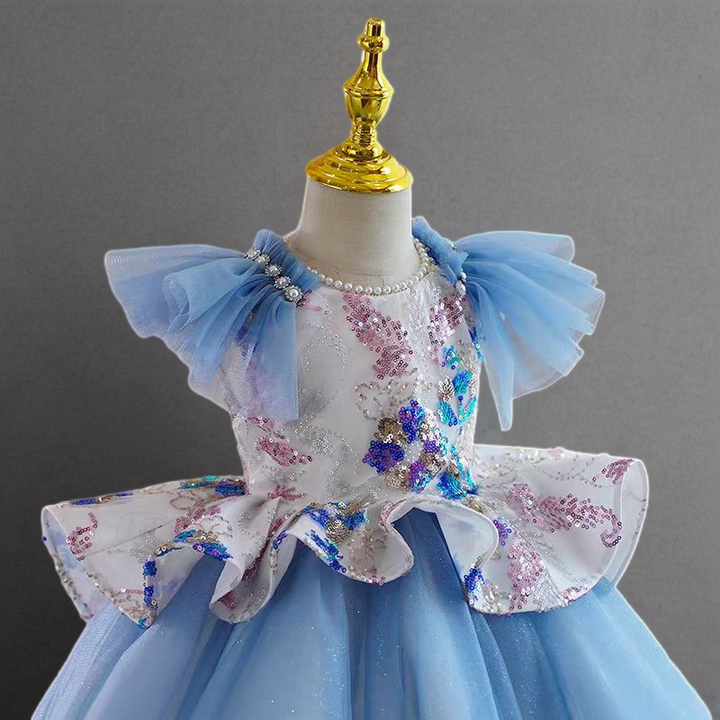 Blue Tulle Flower Girl Dress with Sequin Floral Details for Wedding – Puff Sleeve Plus Size