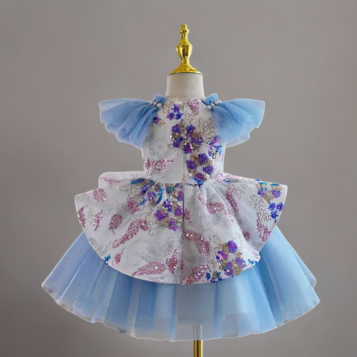 Blue Tulle Flower Girl Dress with Sequin Floral Details for Wedding – Puff Sleeve Plus Size