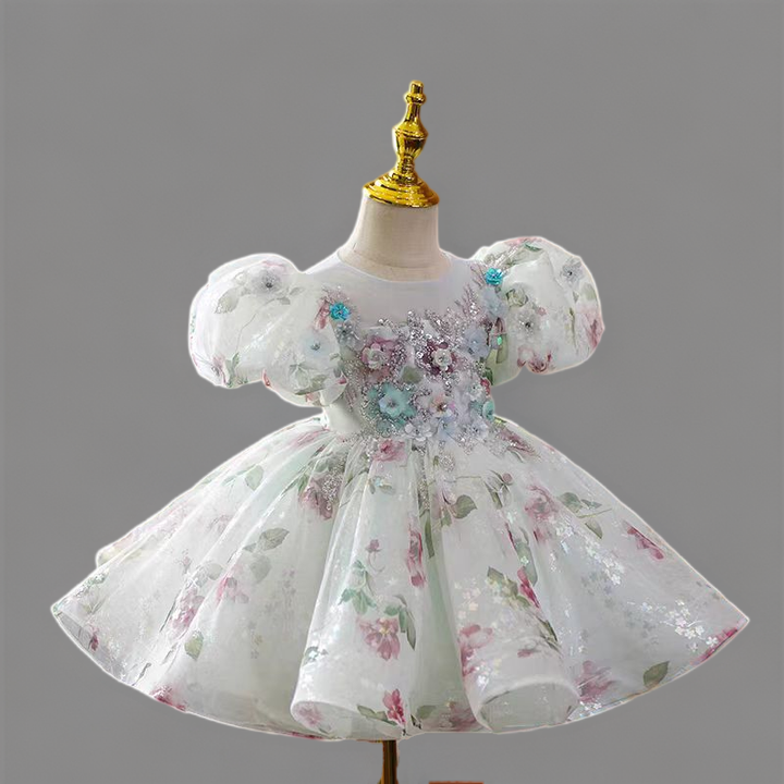 White Floral Print Tulle Flower Girl Dress for Wedding – Puff Sleeve Plus Size