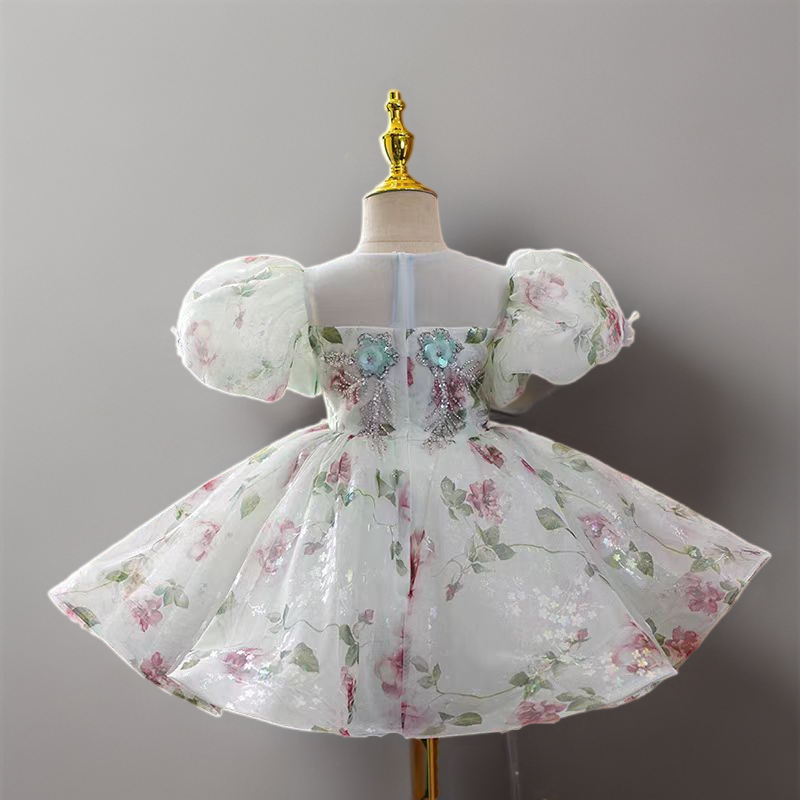 White Floral Print Tulle Flower Girl Dress for Wedding – Puff Sleeve Plus Size