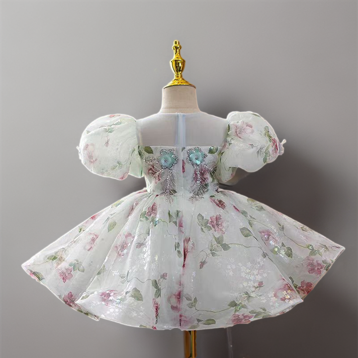 White Floral Print Tulle Flower Girl Dress for Wedding – Puff Sleeve Plus Size