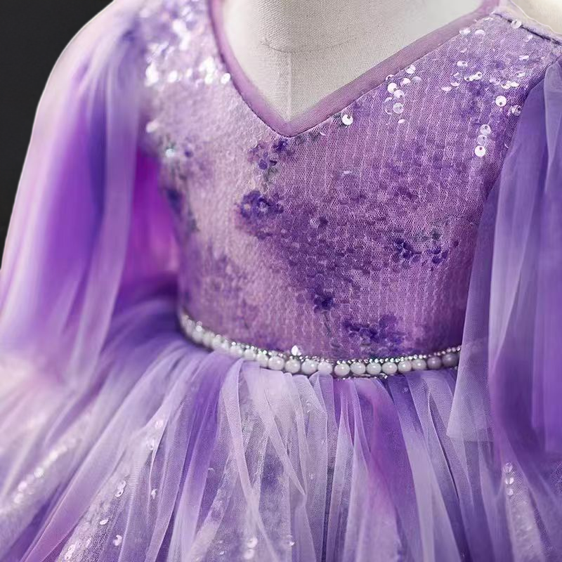 Purple Sequin Tulle Flower Girl Dress with V-Neckline – Plus Size Special Occasion Gown